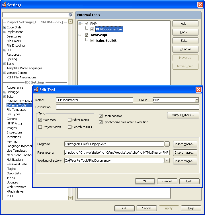 Installing phpDocumentor in phpStorm as an external tool