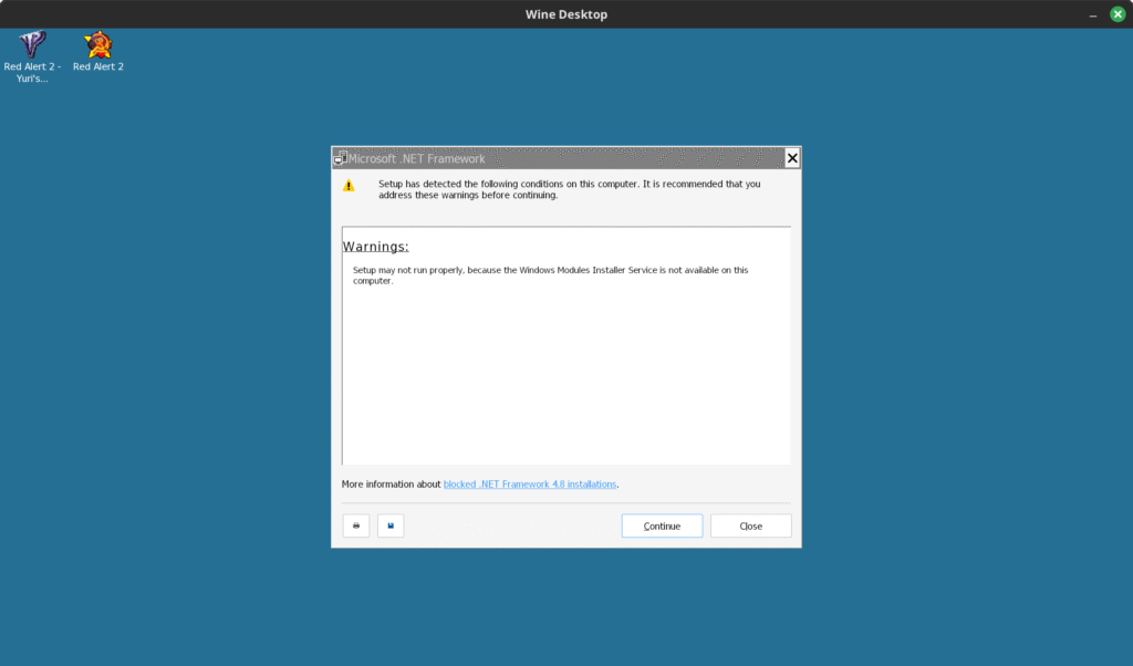 Screenshot of the warning message before installing dotnet48