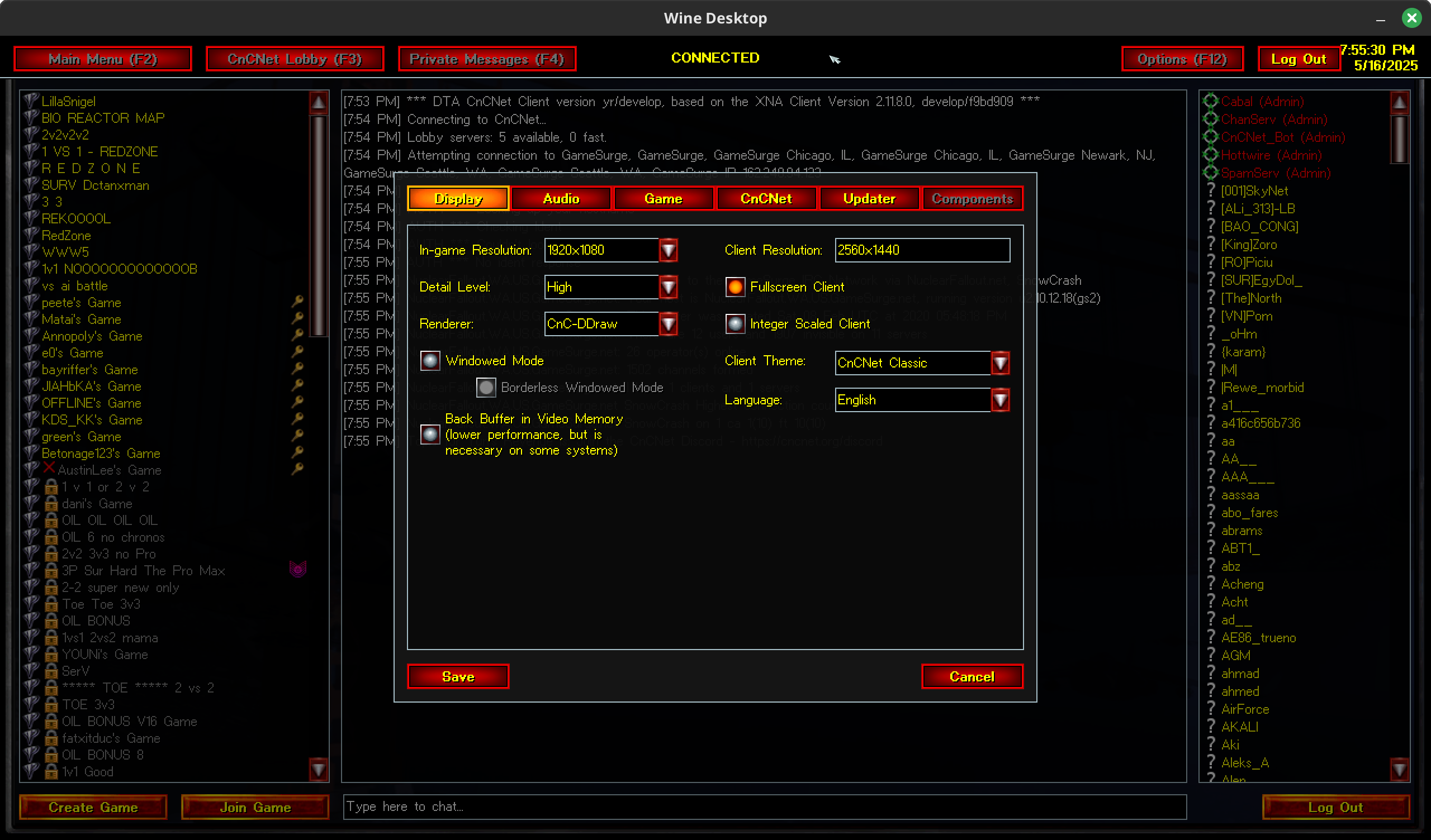 Screenshot of the CnCNet client Options Menu.