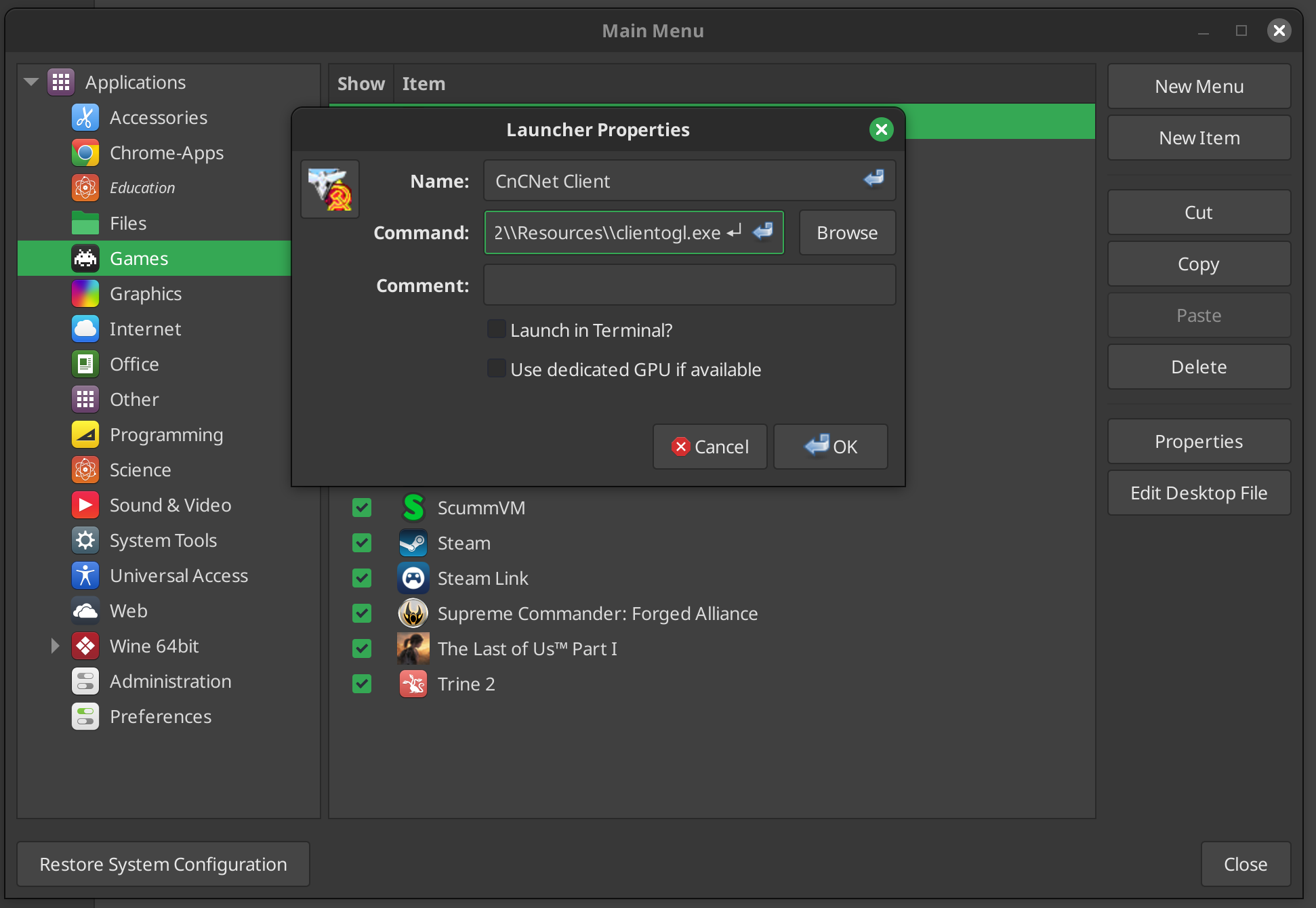 Screenshot of the Launcher Properties