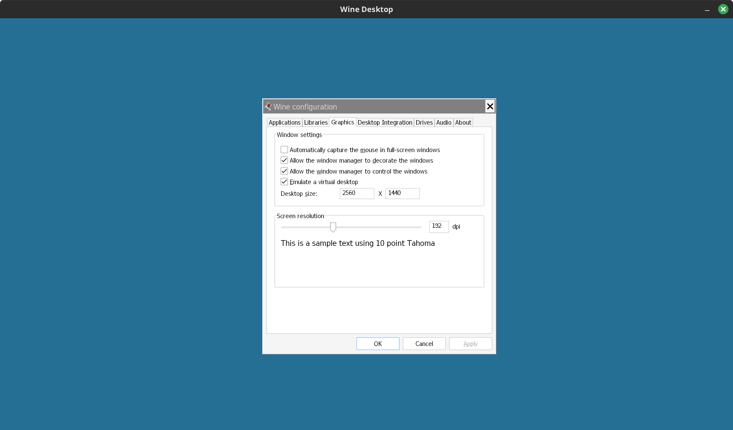 Screenshot of the wine configuration utility.