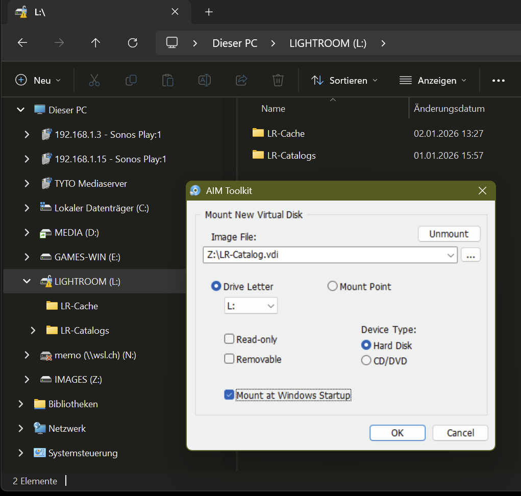 Screenshot of the AIM Toolkit setup and Windows Explorer showing the mounted Virtual Disk Drive (VDI).