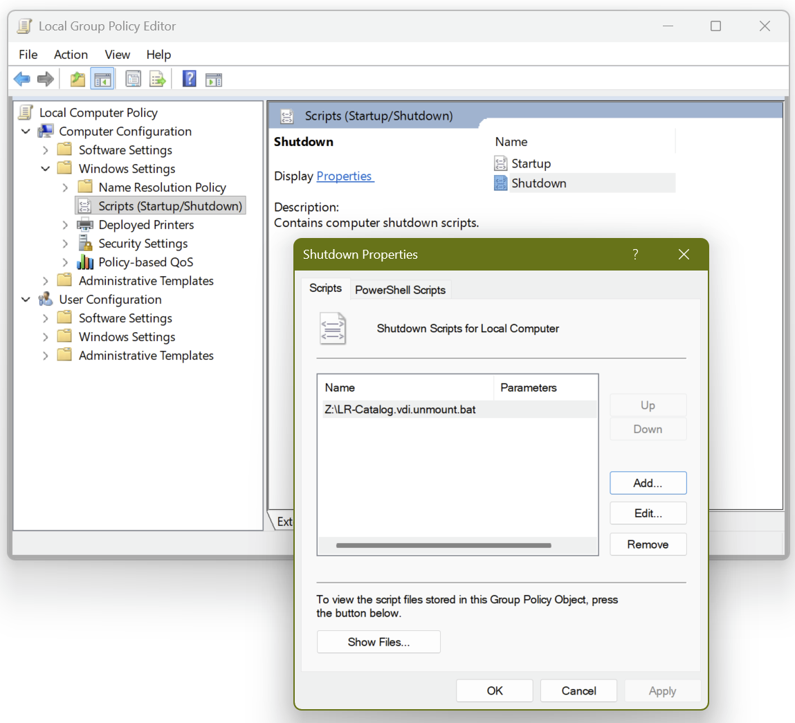 Screenshot of the Group Policy Editor showing the custom Shutdown Script.
